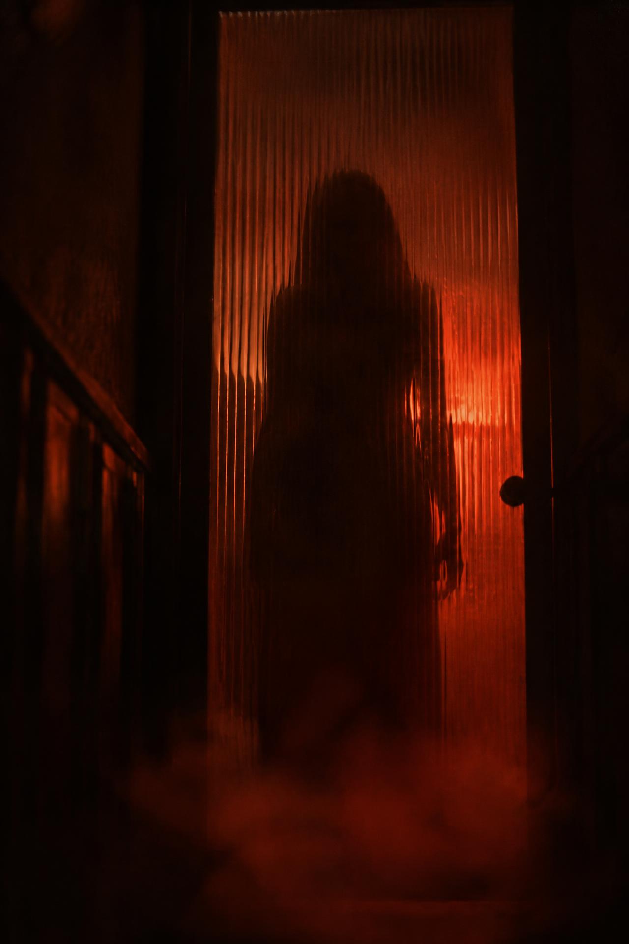 A backlit figure standing behind reeded glass in a tall doorway of red light